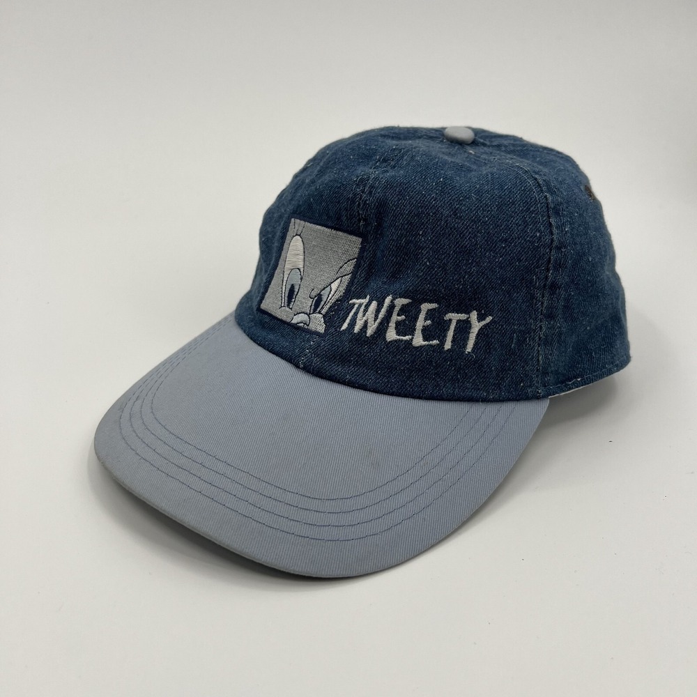 Vintage Tweety Bird Hat Cap Chambray Denim Stretch Back Blue 90s Looney Tunes